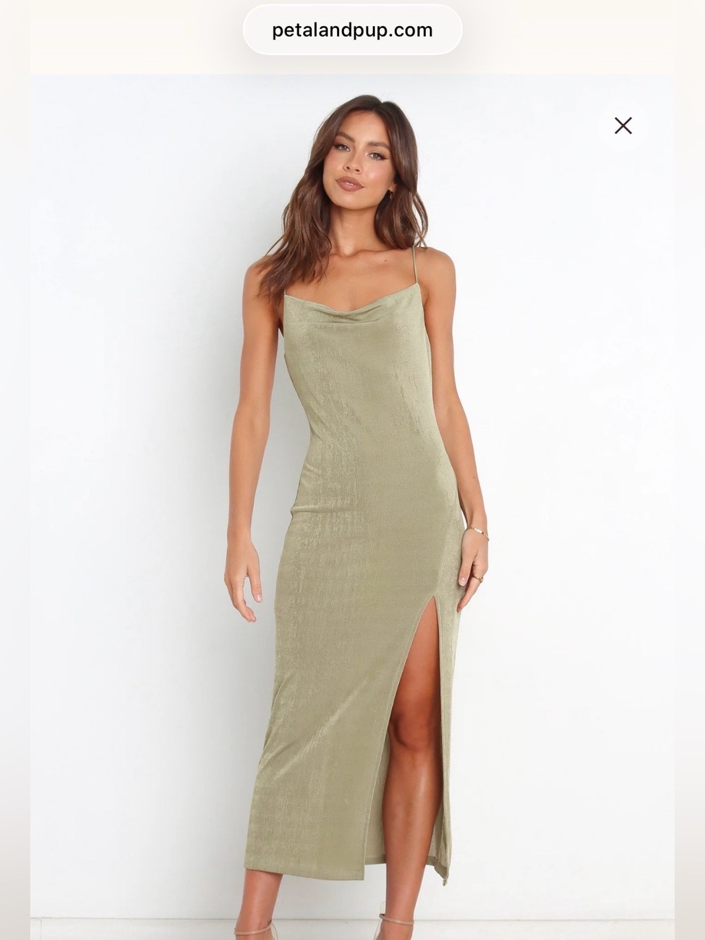 Pedal and Pup Satin Cowl Midi Dress with Side Slit - Olive. Worn once